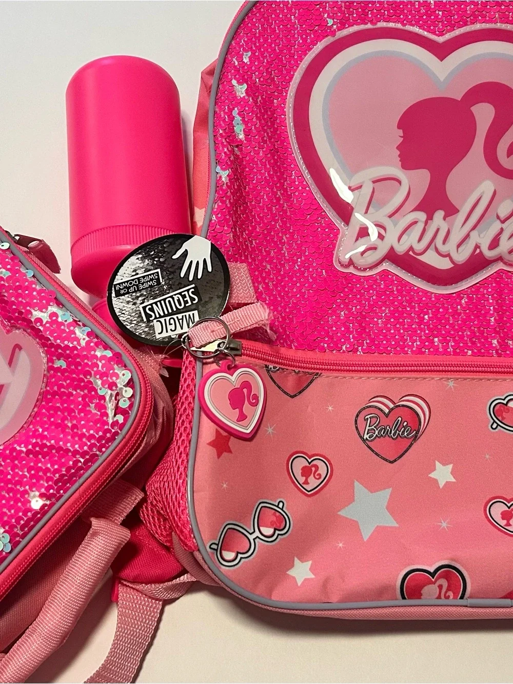 Barbie Pink Kids 5 piece Backpack with lunchbox, and water bottle NWT